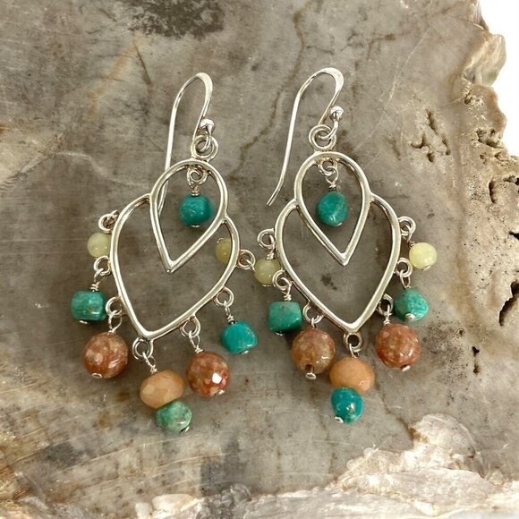 BARSE Sterling Silver 925 Turquoise Jasper Tiered Chandelier Dangle Earrings - Picture 4 of 16